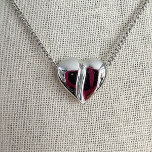 Vintage Silver-tone Shiny Puffed Heart Slide Pendant Necklace by Avon 16”
